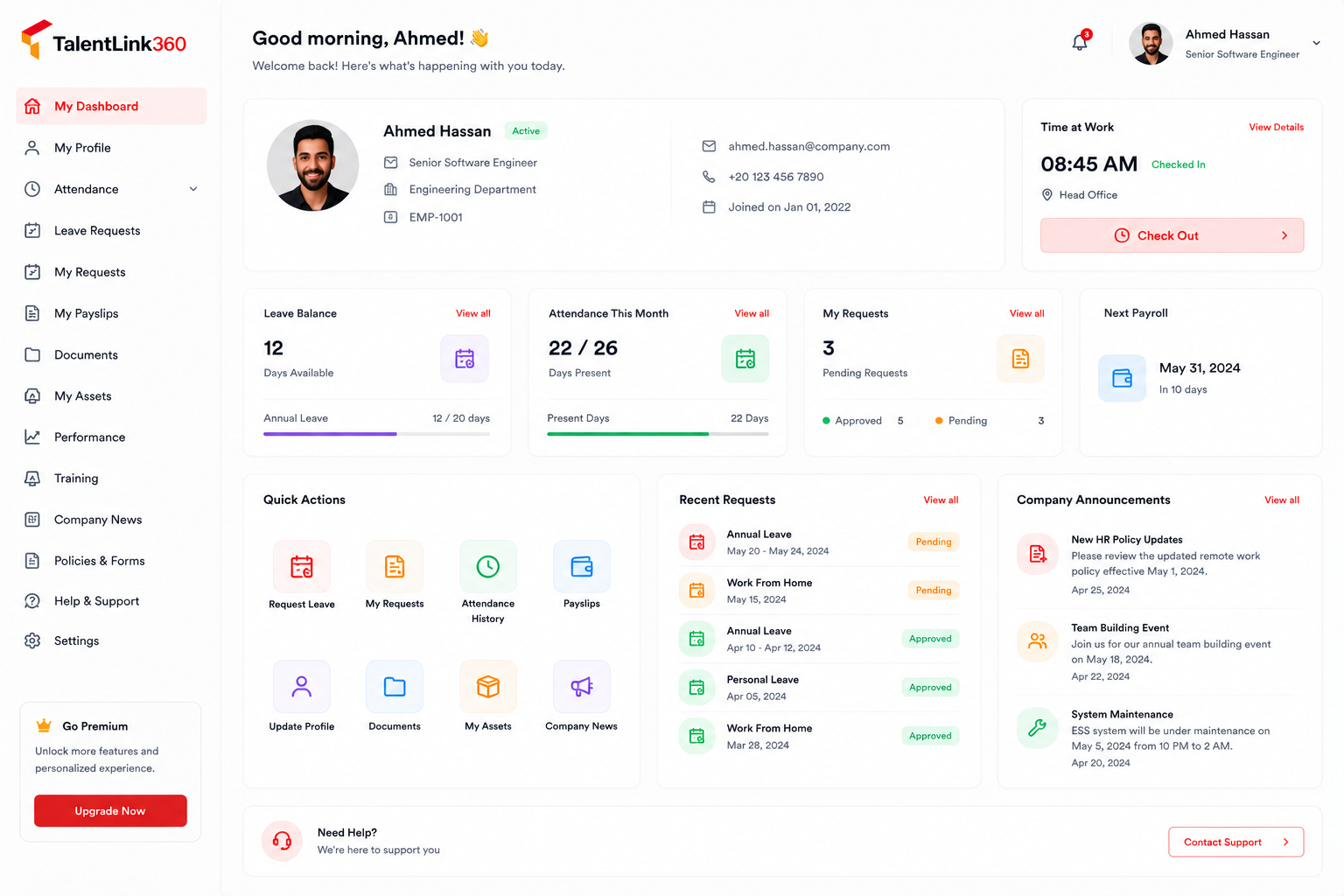 TalentLink360 employee self-service web dashboard with leave balance, attendance, requests and payroll