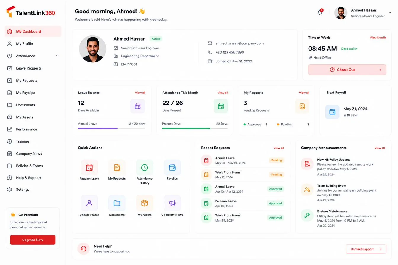 TalentLink360 employee self-service web dashboard with leave balance, attendance, requests and payroll